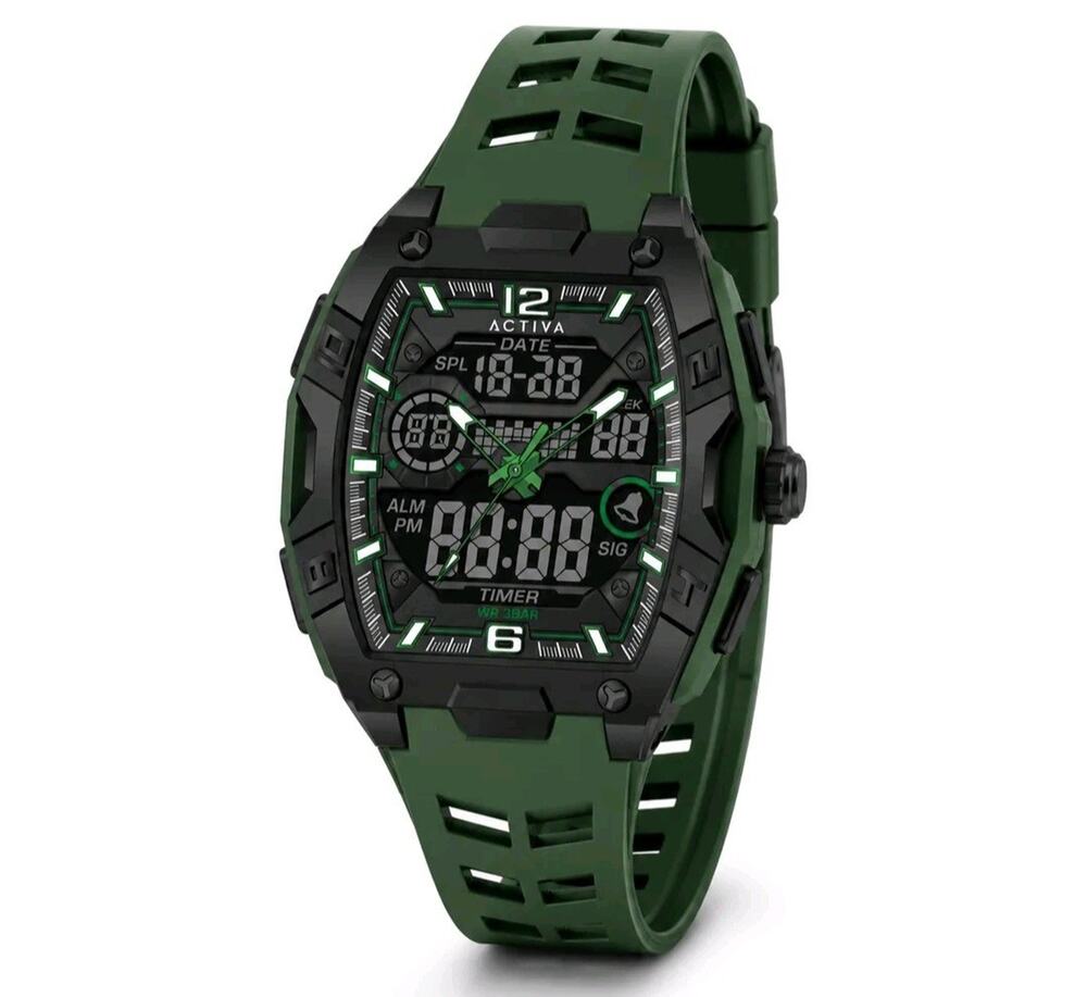 ACW8131-003 Activa Men’s Sport-Digital Watch 30M Green Silicone Strap Black